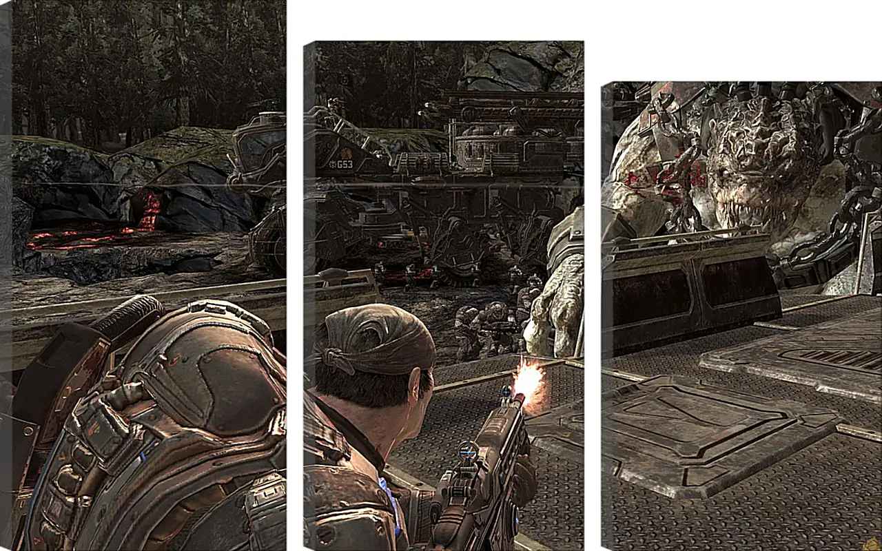 Gears Of War 2 Gears Of War 2Видео игры<br>Модульная картина из 3 частей . Любые размеры и конфигурации на выбор. Материал печати: натуральный холст.<br>Размер: 90x56 см., 120x75 см., 150x94 см.;