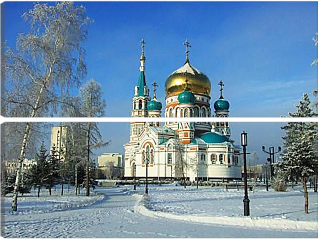 Зимний Омск Зимний ОмскАрхитектура<br>Модульная картина из 2 частей . Любые размеры и конфигурации на выбор. Материал печати: натуральный холст.<br>Размер: 90x68 см., 120x90 см., 150x113 см.;