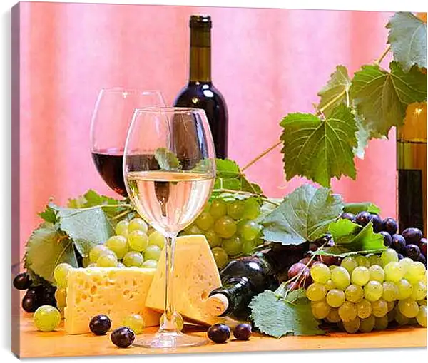 Постер на подрамнике - Виноград, сыр и вино. Изобилие вкуса.