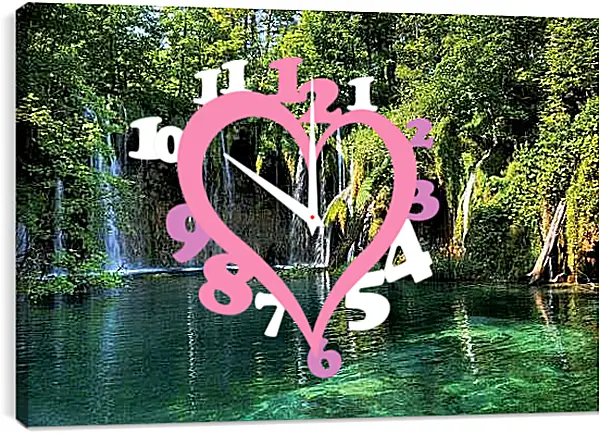 Часы картина - Водопады и зеленое озеро