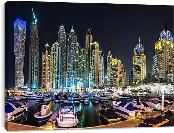 Постер на подрамнике - Яхты в гавани на фоне города. Дубай