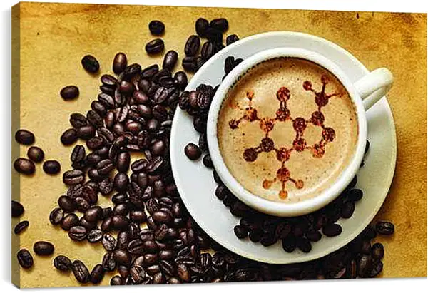 Постер на подрамнике - Разбросанные кофейные зёрна на столе и блюдце. Кофеин.