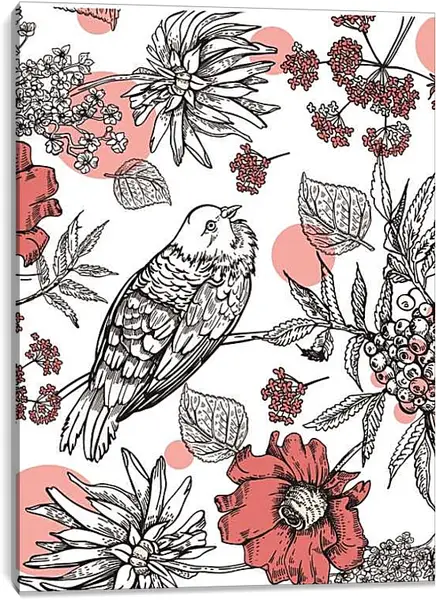 Постер на подрамнике - Гранаты, цветы и птицы