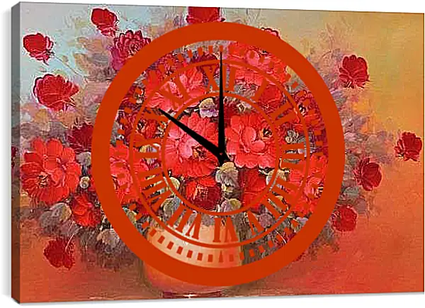 Часы картина - Красные цветы в вазе