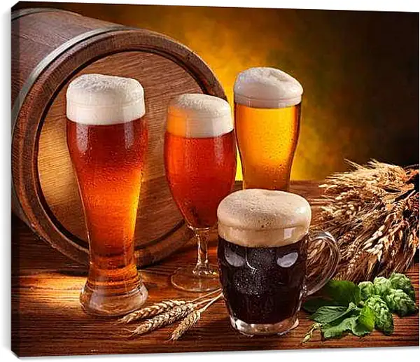 Постер на подрамнике - Пиво в боченке и кружках. Хмельное Настроение.