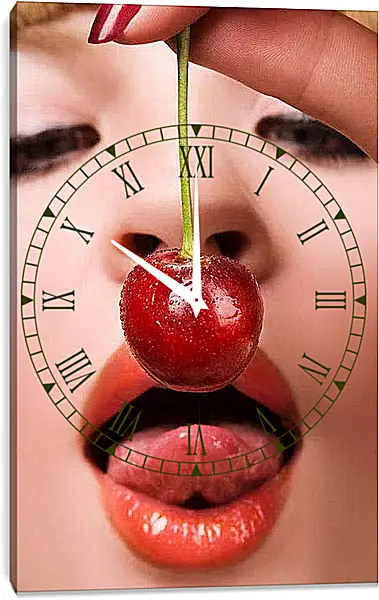 Часы картина - Девушка и вишня. Сладкий соблазн.