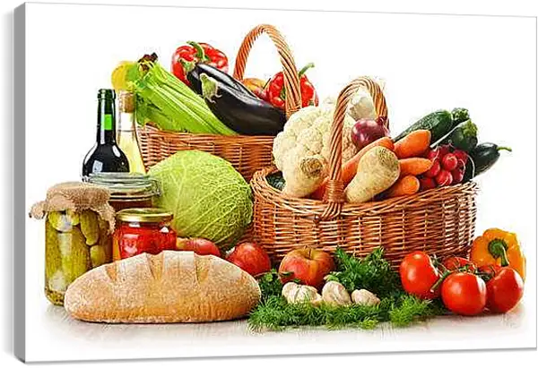 Постер на подрамнике - Бутылка вина, хлеб и две корзины овощей и фруктов. Изобилие урожая.