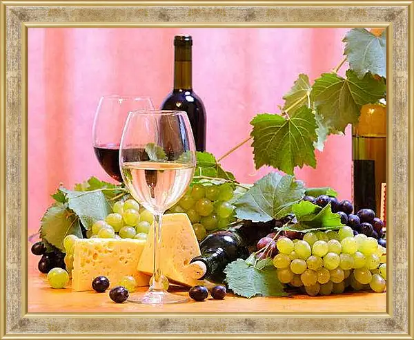 Картина в раме - Виноград, сыр и вино. Изобилие вкуса.