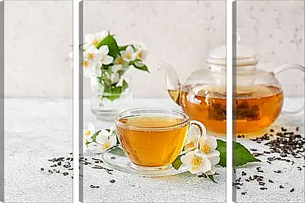 Модульная картина - Чашечка чая на блюдце и чайничек. Жасминовое утро.