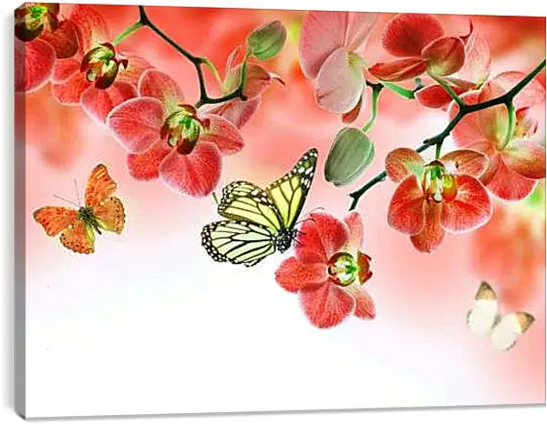 Постер на подрамнике - Бабочки и красные орхидеи