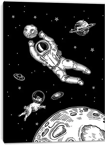 Постер на подрамнике - Астронавт и собака в космосе