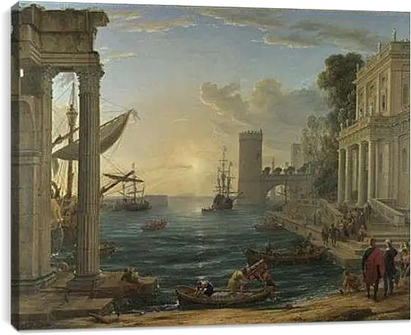 Постер на подрамнике - Seaport with the Embarkation of the Queen of Sheba. Лоррен Клод