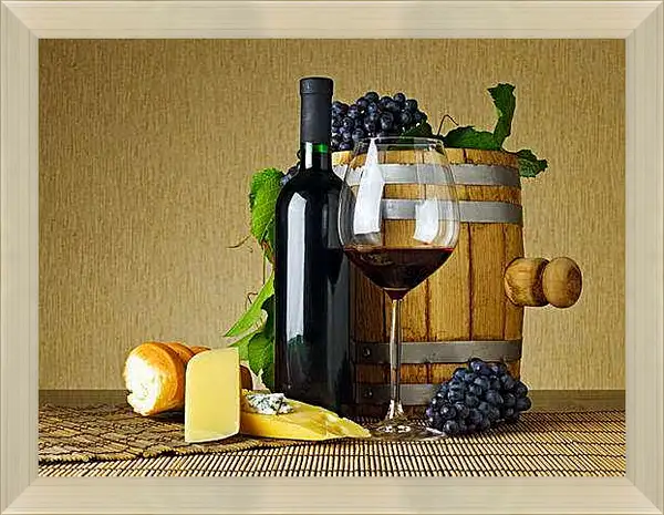 Картина в раме - Бочонок с вином. Винный натюрморт.