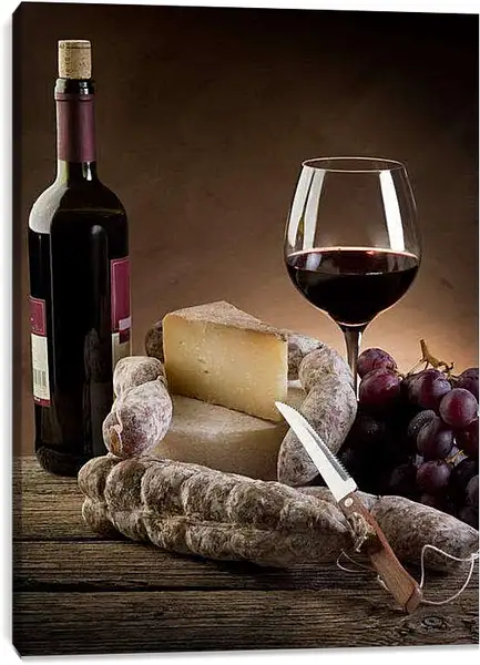 Постер на подрамнике - Бутылка вина и сыр. Итальянский натюрморт.