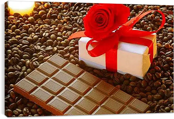 Постер на подрамнике - Плитка шоколада на зернах кофе и подарок. Сладкое утро.