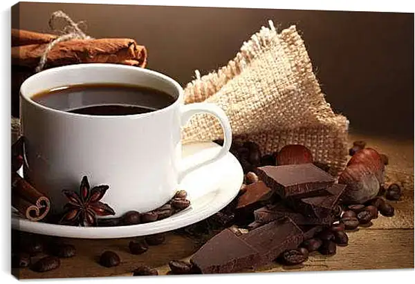 Постер на подрамнике - Чашка кофе на блюдце и дольки шоколада. Ароматное утро.