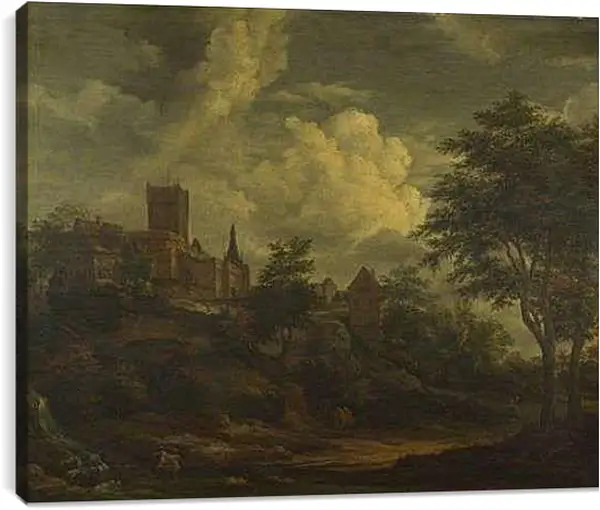 Постер на подрамнике - A Castle on a Hill by a River. Якоб ван Рейсдал