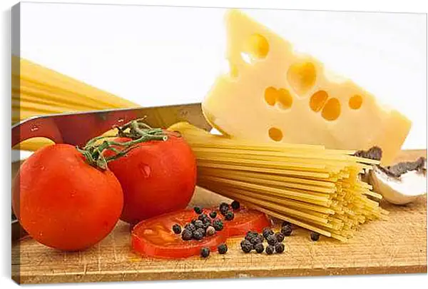 Постер на подрамнике - Натюрморт паста, сыр, помидоры. Итальянская Классика.