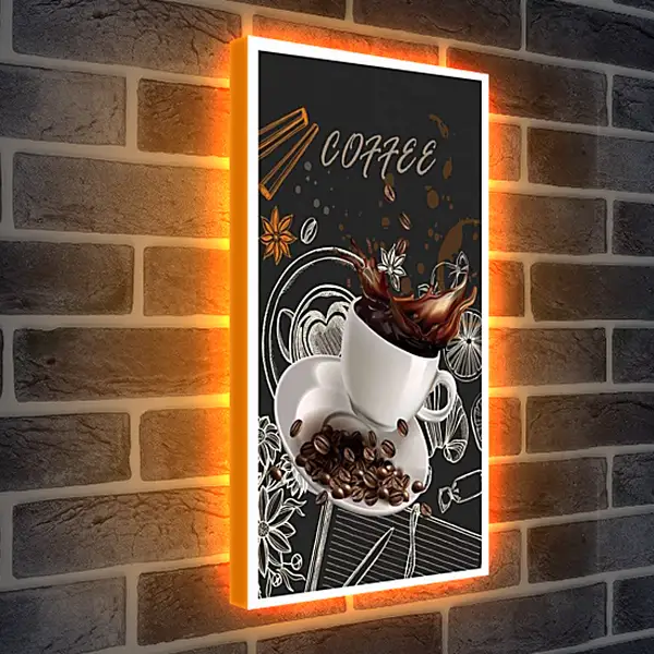 Лайтбокс световая панель - Брызги кофе и зёрна на блюдце. Аромат Кофе.