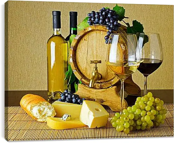 Постер на подрамнике - Бочка с вином. Винный натюрморт.