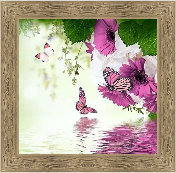 Картина в раме - Герберы и бабочки