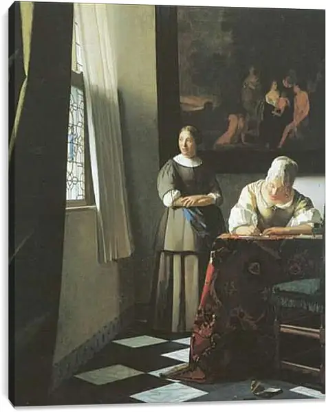 Постер на подрамнике - Lady writing a letter with her maid. Ян (Йоханнес) Вермеер