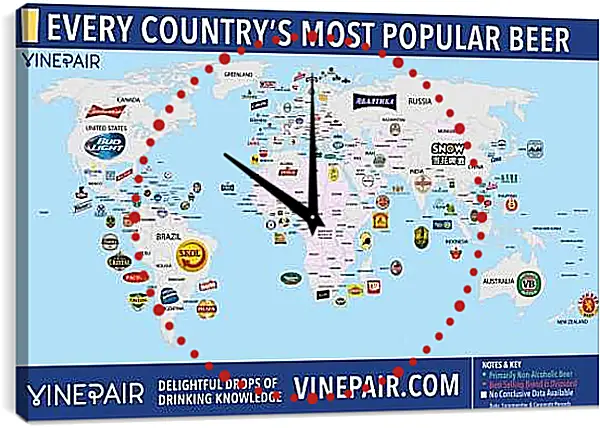 Часы картина - Карта мира по популярности марок пива в странах