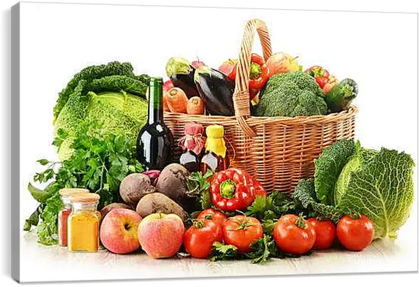 Постер на подрамнике - Два яблока, овощи в корзинке и возле неё. Изобилие осени.