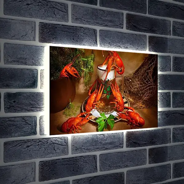 Лайтбокс световая панель - Стакан пива и шесть раков. Пивной натюрморт.