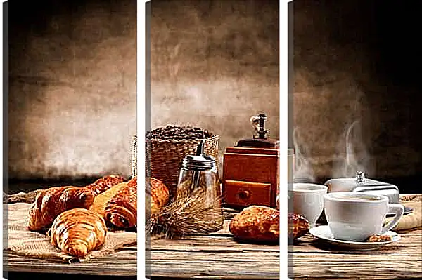 Модульная картина - Несколько круассанов и пару чашек кофе на столе. Утреннее наслаждение.