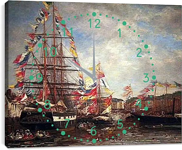 Часы картина - Festival in the Harbor of Honfleur. Эжен Буден