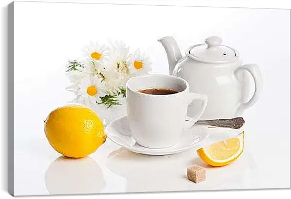 Постер на подрамнике - Чай с лимоном и кусочек сахара. Утренний чай.