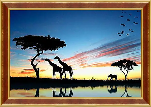 Картина в раме - Жирафы и слон. Закат в африке