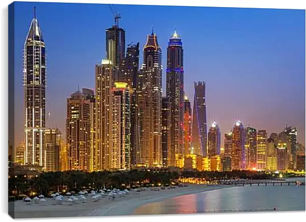 Постер на подрамнике - Пляж недалеко от небоскрёбов. Дубай