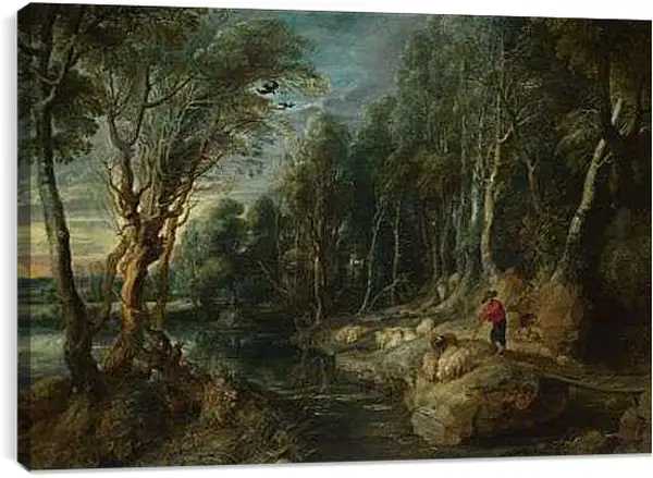 Постер на подрамнике - A Shepherd with his Flock in a Woody Landscape. Питер Пауль Рубенс