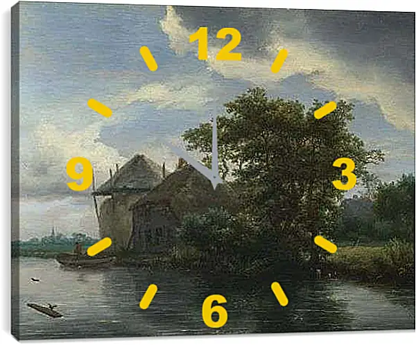 Часы картина - A Cottage and a Hayrick by a River. Якоб ван Рейсдал