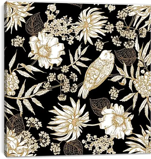 Постер на подрамнике - Винтажная композиция с птицами и цветами