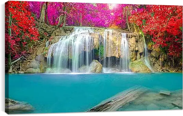 Постер на подрамнике - Водопад в ярких красках леса