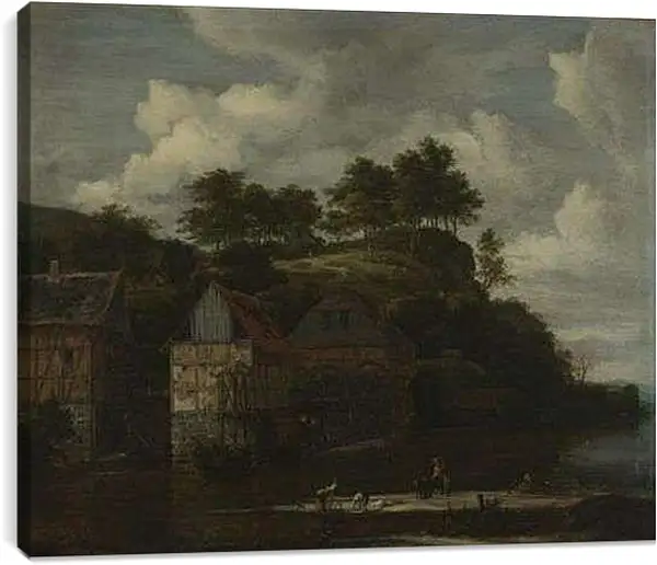 Постер на подрамнике - Three Watermills with Washerwomen. Якоб ван Рейсдал