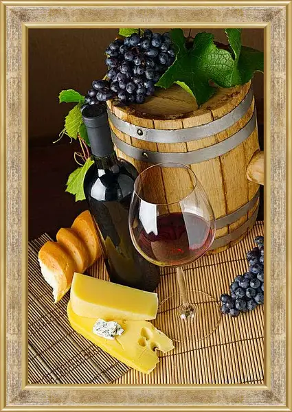 Картина в раме - Вино, сыр и хлеб. Винная Гармония.
