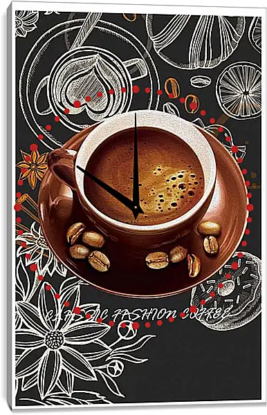 Часы картина - Кофе с зёрнами на блюдце. Кофе и Настроение.