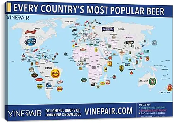 Постер на подрамнике - Карта мира по популярности марок пива в странах