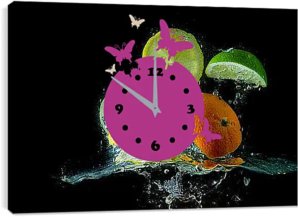 Часы картина - Фрукты в воде на чёрном фоне. Цитрусовый взрыв.