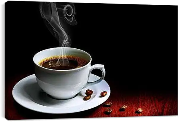 Постер на подрамнике - Чашка и несколько зёрен кофе. Ароматное утро.