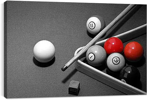 Постер на подрамнике - Кий с бильярдными шарами