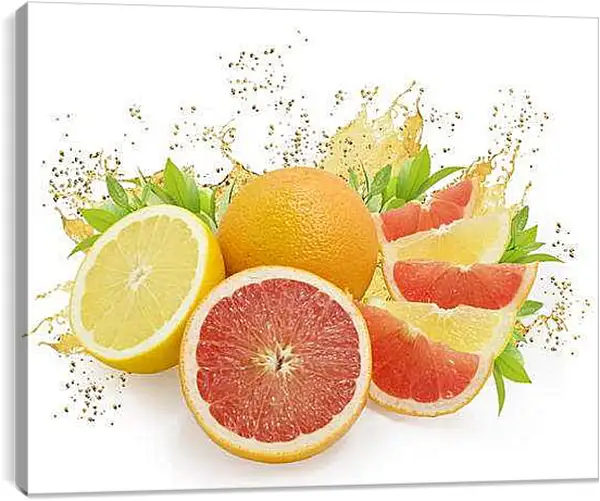 Постер на подрамнике - Фруктовое ассорти на белом фоне. Цитрусовый взрыв.