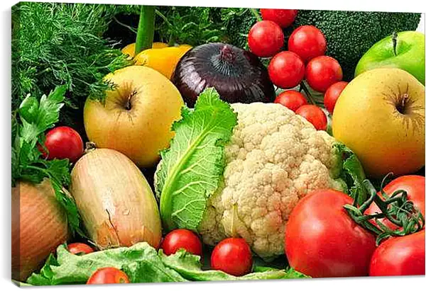 Постер на подрамнике - Зелень, овощи и фрукты. Богатство урожая.