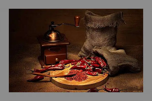 Картина в раме - Острый перец и два мешка. Острый натюрморт.