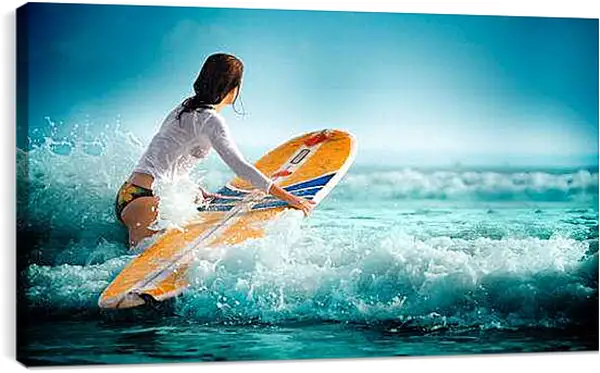 Постер на подрамнике - Девушка готовиться к серфингу