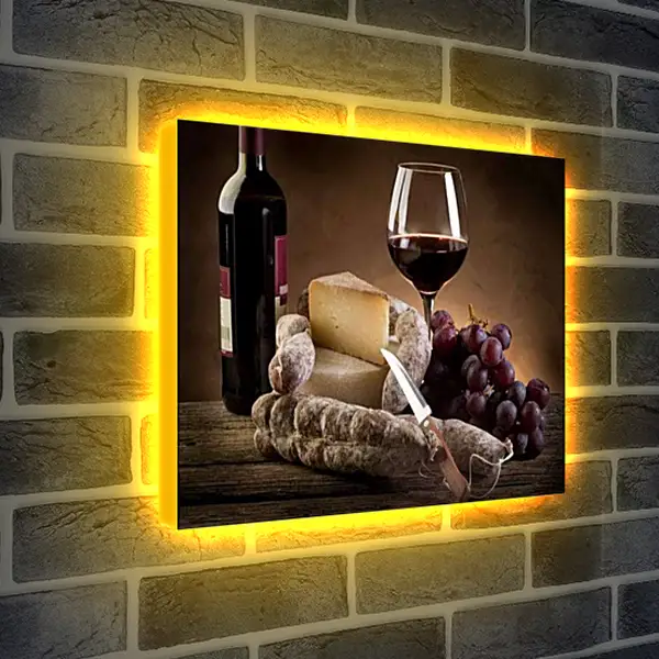 Лайтбокс световая панель - Красное вино и сыр. Винный натюрморт.
